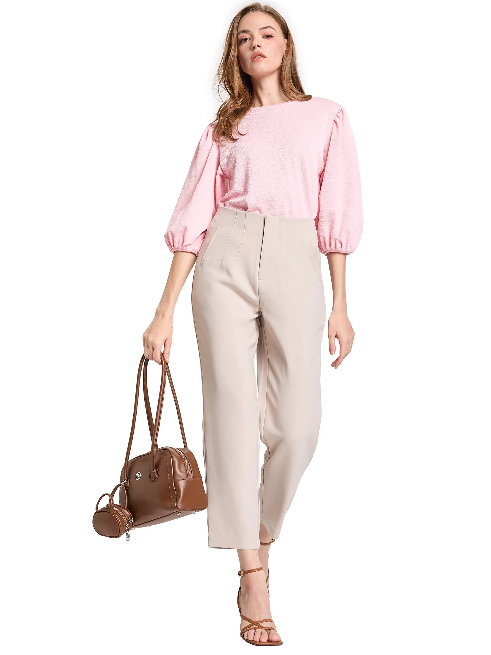 FOF Women Pants High Waist Slim Fit Beige