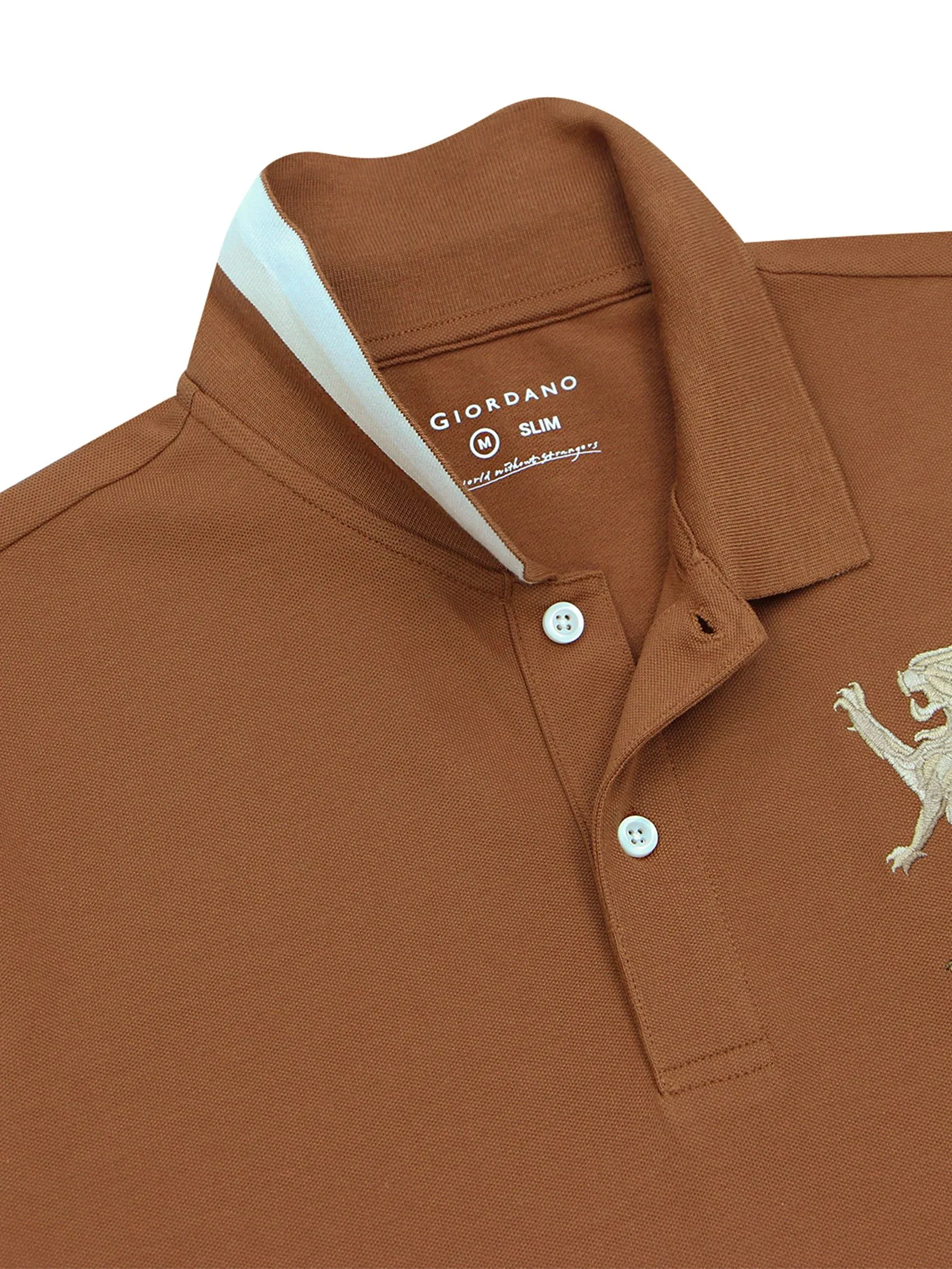 GIORDANO Men's Lycra Pique Embroidery Polo (3D Lion) Mocha bisque brown