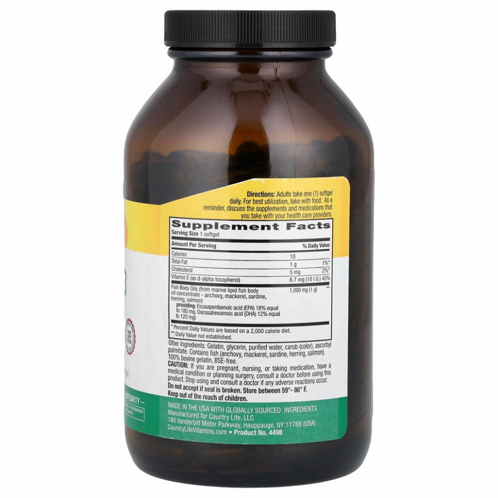 Country Life, омега-3, 1000 мг, 200 мягких таблеток