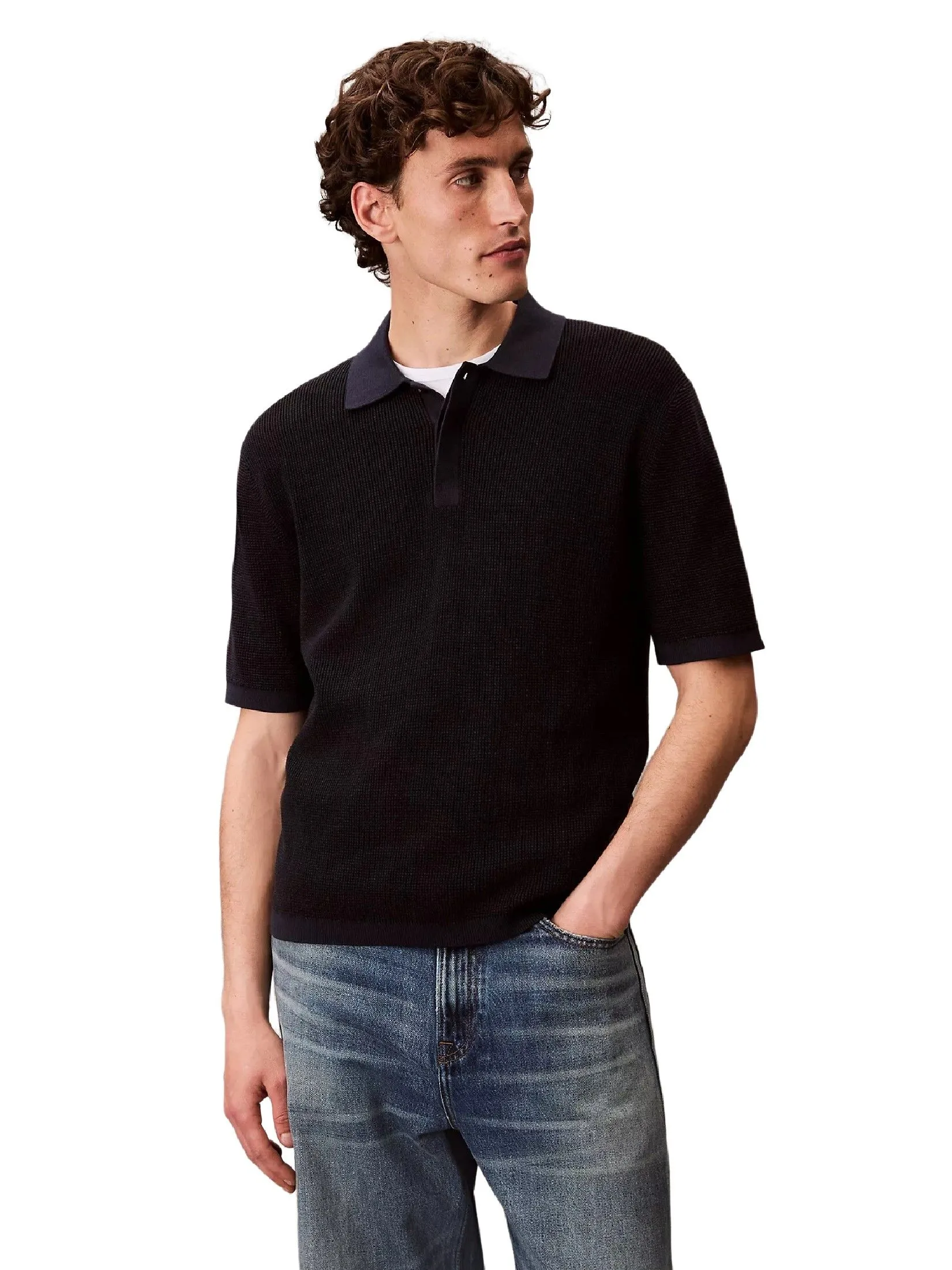 CALVIN KLEIN Men's Smooth Cotton Waffle Sweater Polo Shirt Black