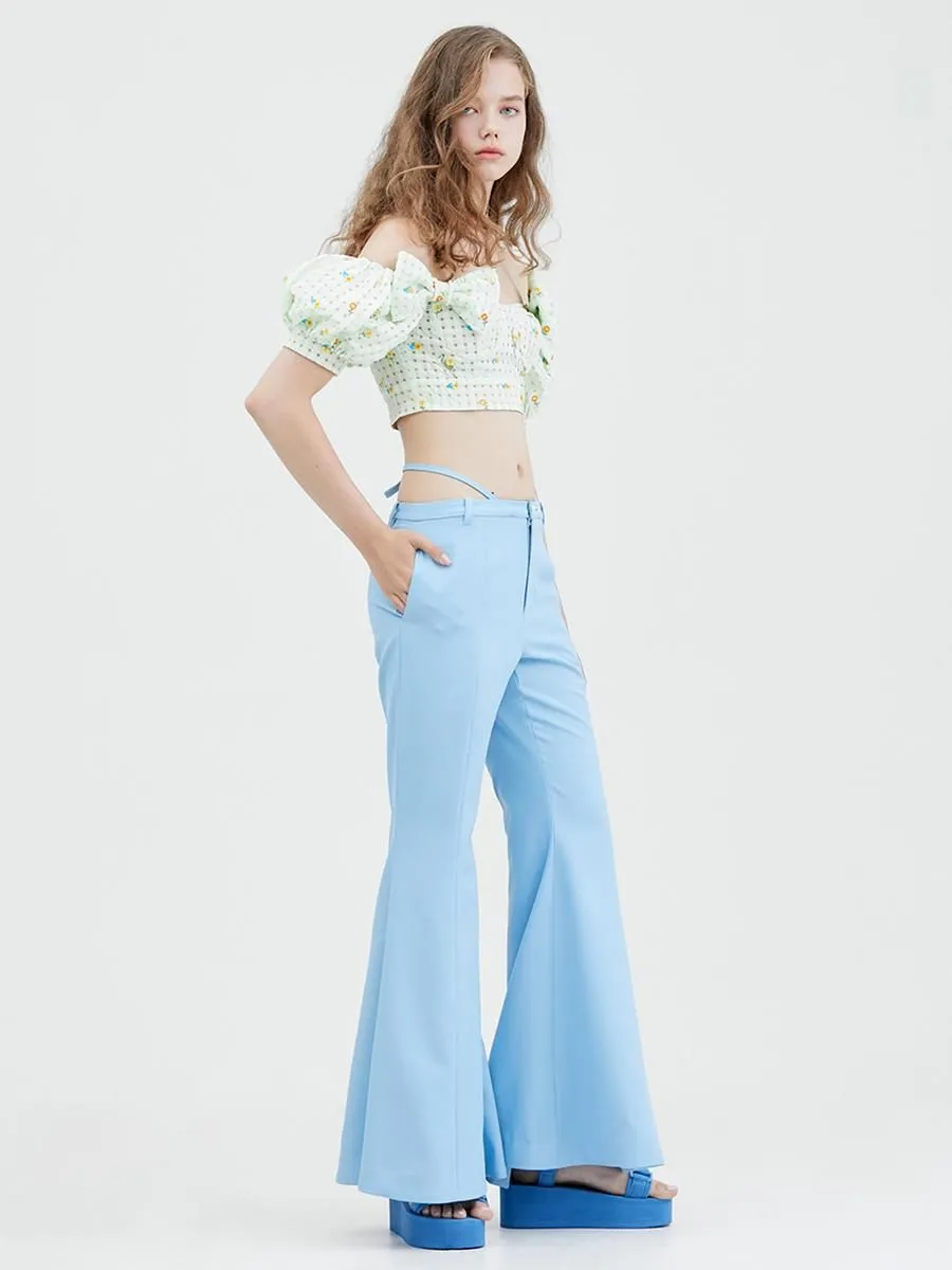 KLOSET (RS23)Tie Waist Bootcut Pants Blue