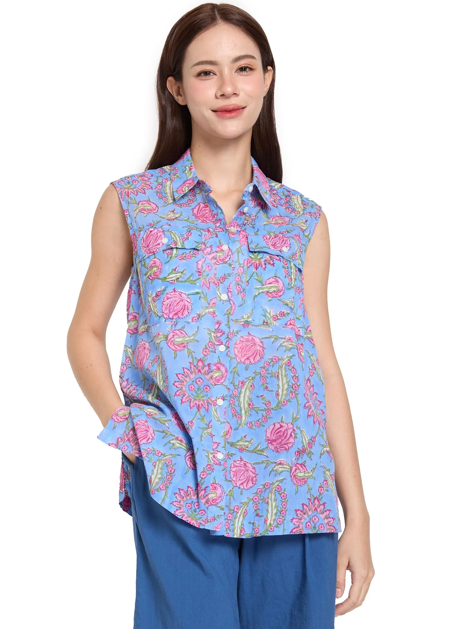 ALUMNUS Women Blouse Sleeveless Collar Neck Print