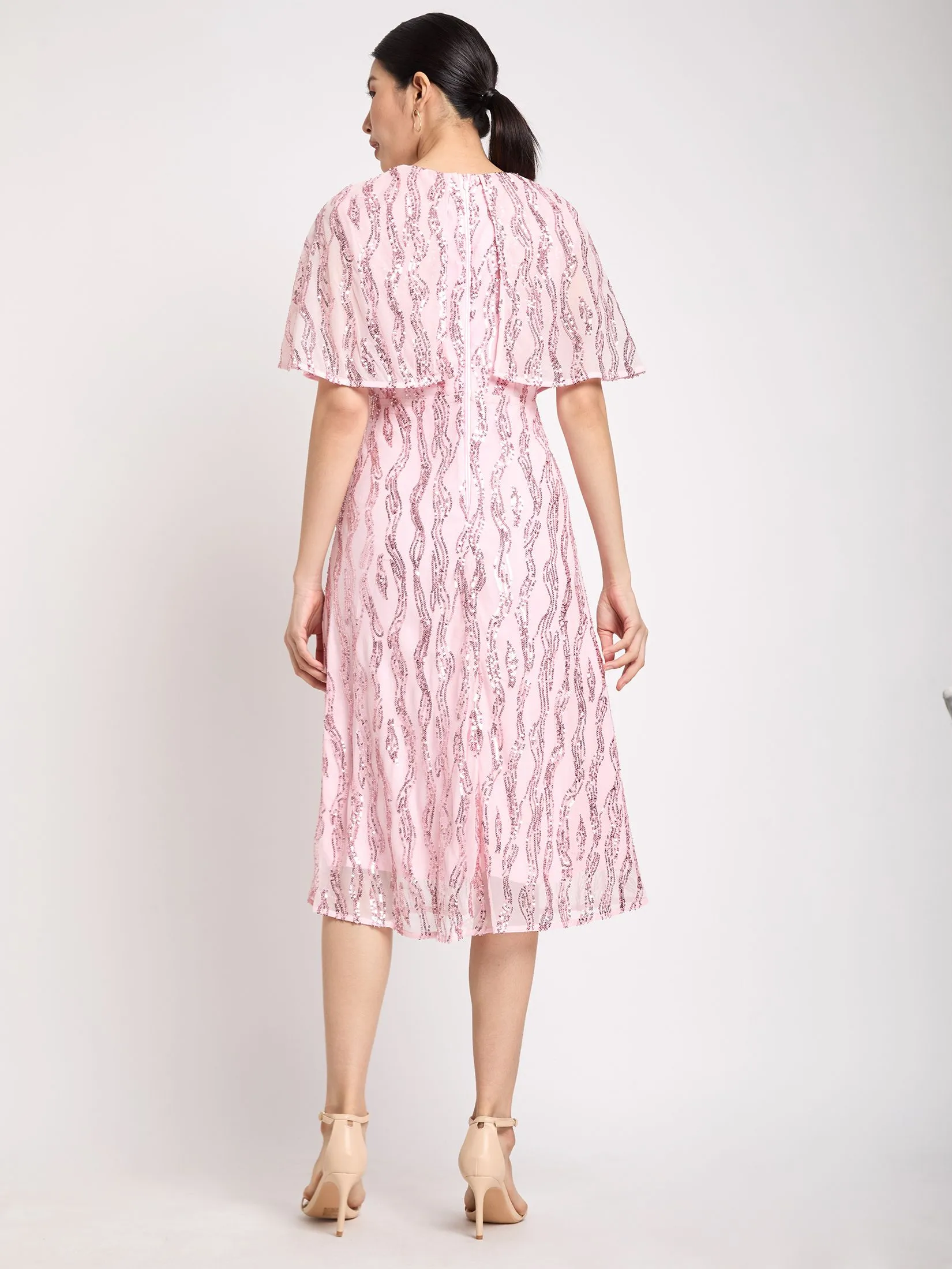 EXPRESSIONS EVENING Women Dress Cape Sleeve Sequin Midi