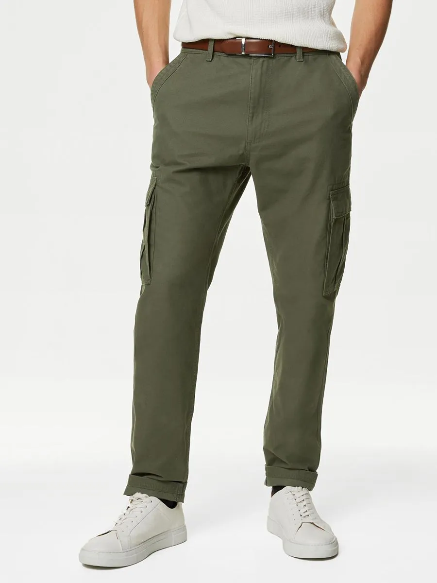 MARKS & SPENCER Men Cargo Trousers Tapered Fit Pure Cotton KH_Khaki