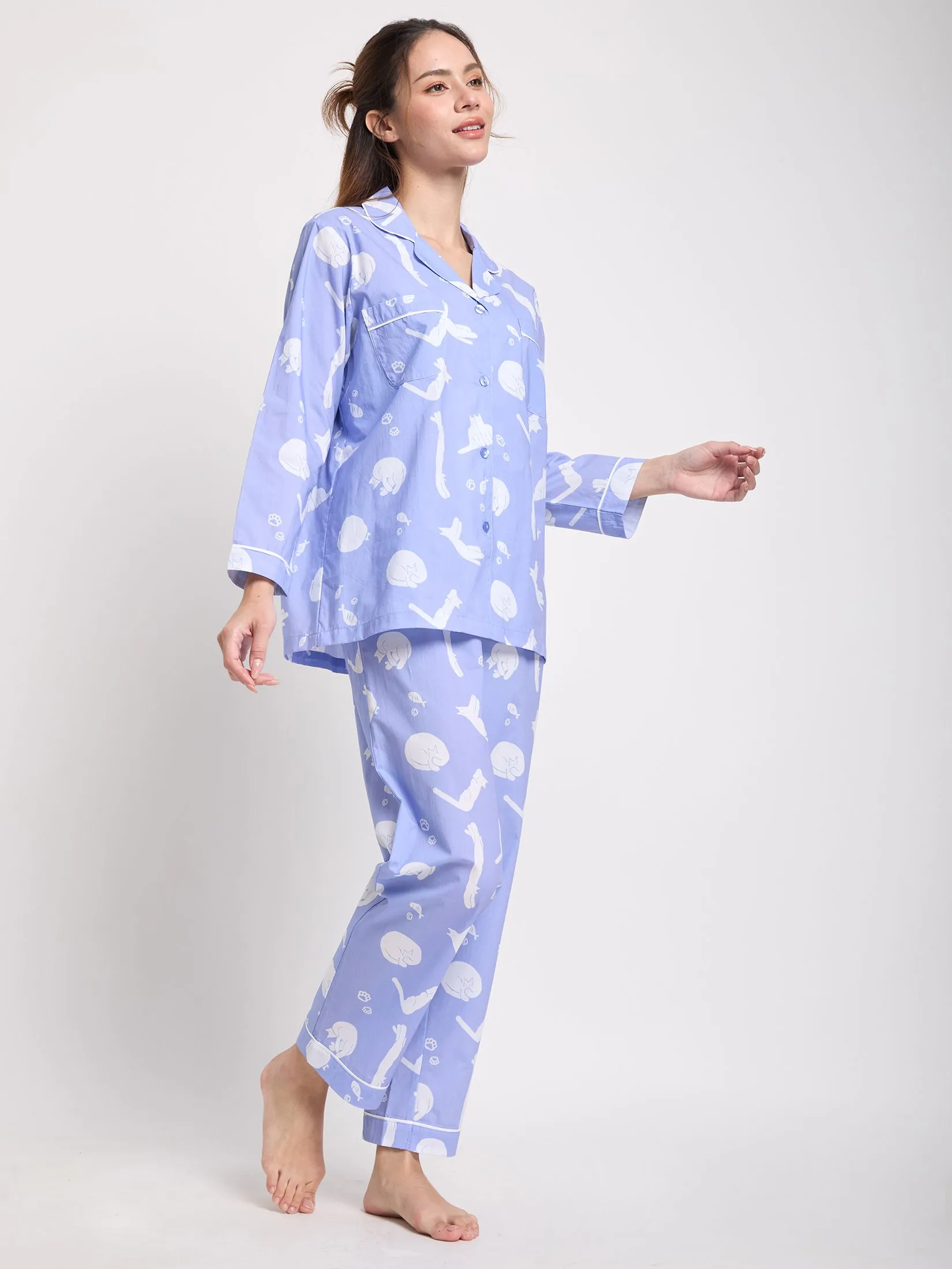 FOF Women Pyjamas Shirt Long Sleeves Collar Neck + Pants Print Purple