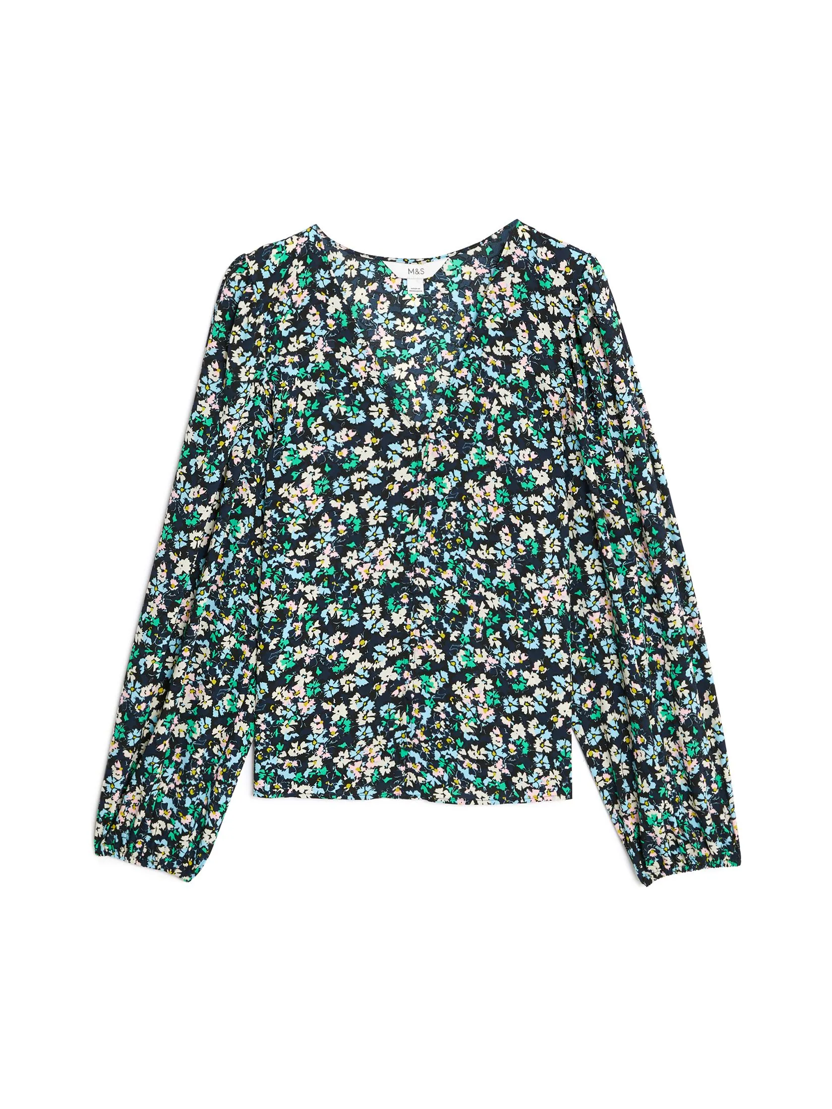MARKS & SPENCER Women Blouse Floral V-Neck Button Detail Blue Mix
