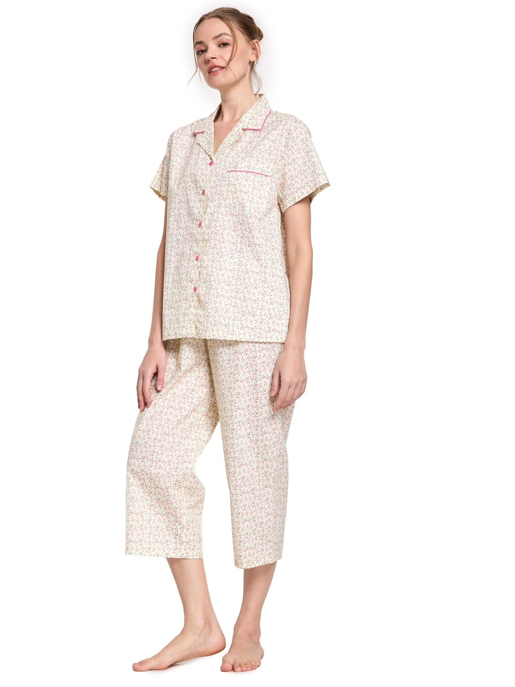 CLAUDIA'S ROMANCE Women Pyjamas Set Hawaiian Shirt Short Sleeves + Cropped Pants Yellow