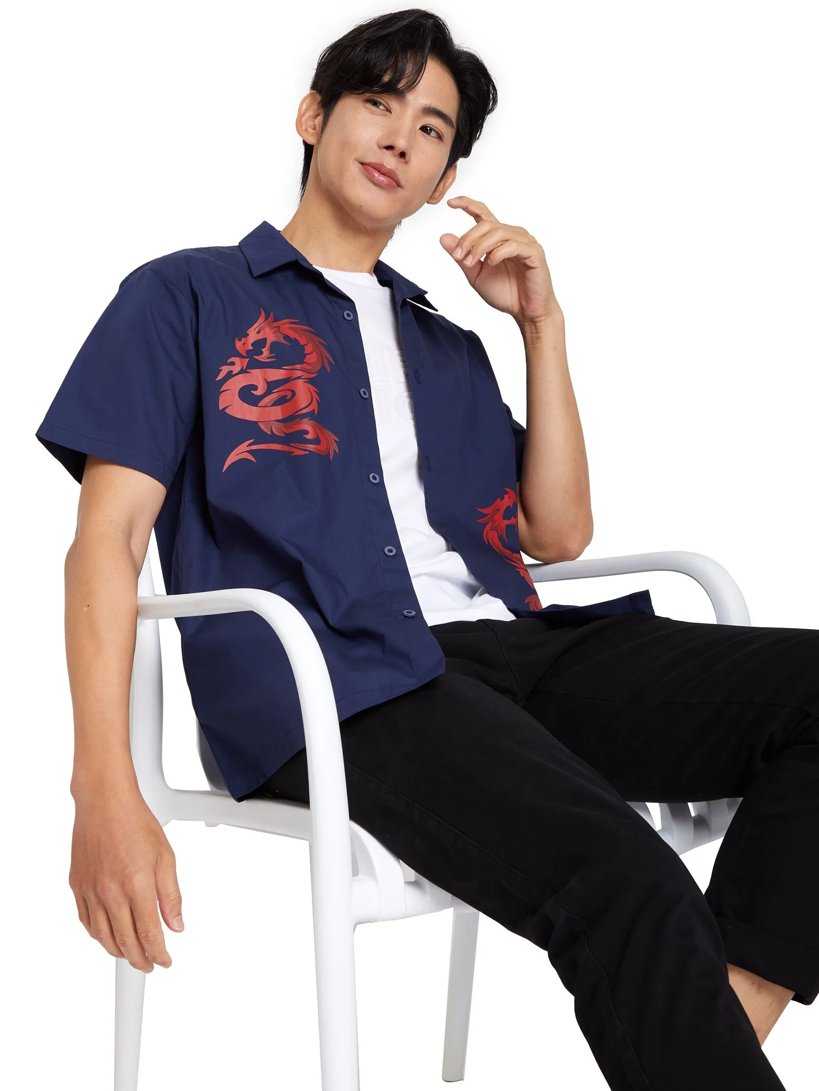 PACIFIC UNION Men Shirt Short Sleeves CNY Graphic Print Navy