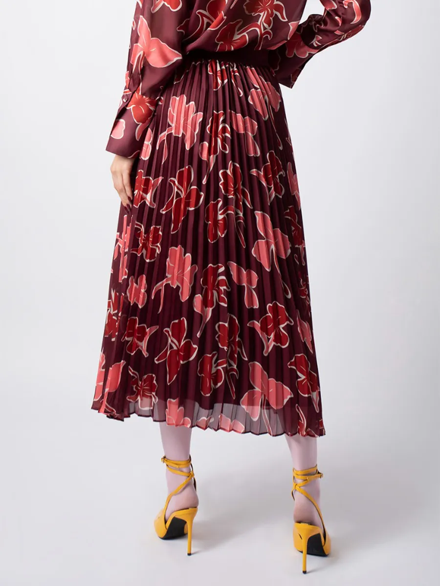 F-FASHION Pleated Chiffon Skirt in Floral Print Women Maroon