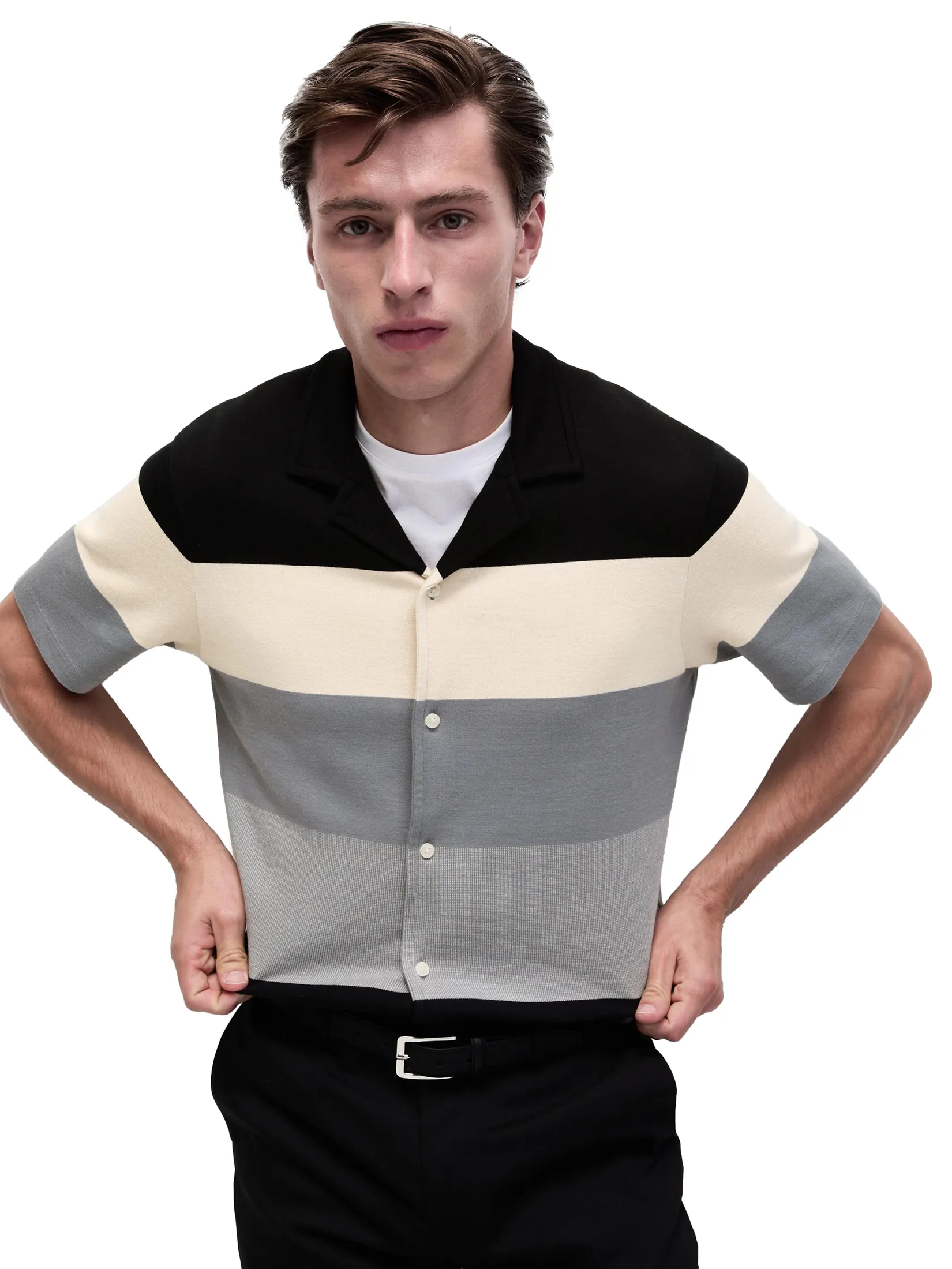 MARKS & SPENCER Men Polo Shirt Pure Cotton Double Knit Black Mix