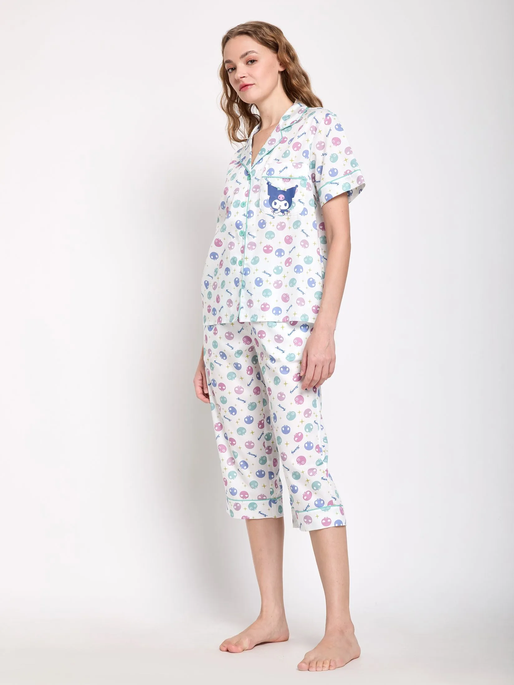 SANRIO Women Sleepwear Shirt Short Sleeves + Cropped Pants Kuromi Star Light Blue