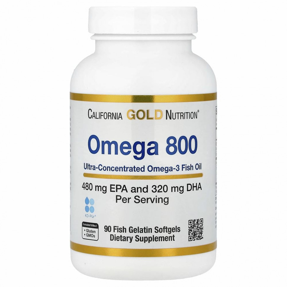 California Gold Nutrition, омега 800, рыбий жир фармацевтической степени чистоты, 80% ЭПК/ДГК, в форме триглицеридов, 1000 мг, 90 рыбно-желатиновых капсул