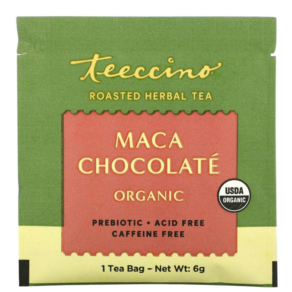 Teeccino, Organic Roasted Herbal Tea, Maca Chocolate, Caffeine Free, 10 Tea Bags, 2.12 oz (60 g)