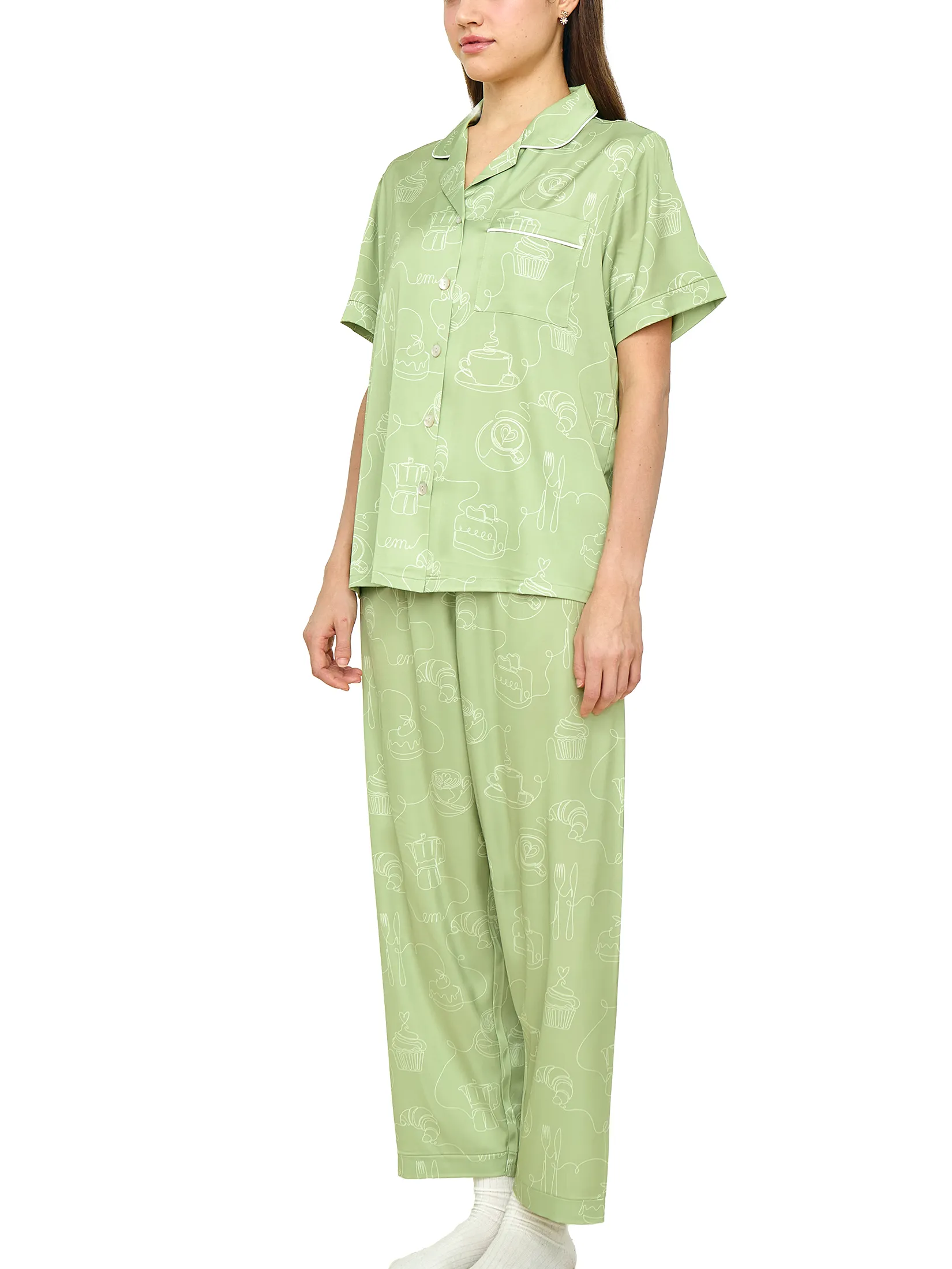 WACOAL Women Sleepwear Collection CAFE  CATION short sleeved, long legged , Coffee Print pattern Green