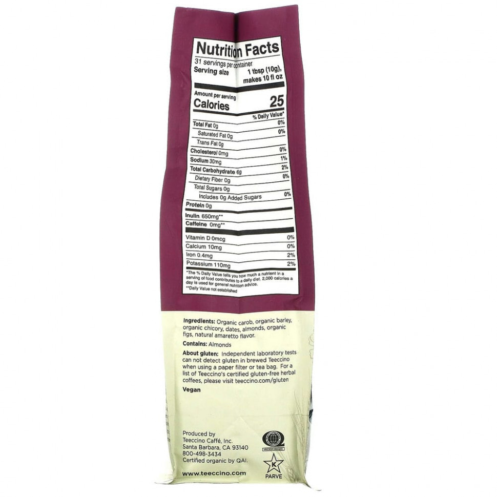 Teeccino, Травяной кофе из цикория, амаретто с миндалем, средней обжарки, без кофеина, 312 г (11 унций)