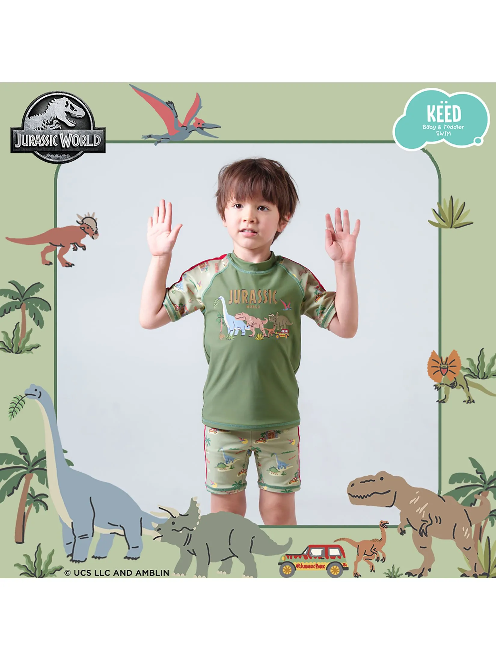 KEED Boy Swimming Set Rashguard Short Sleeves + Shorts Jurassic World Khaki Green