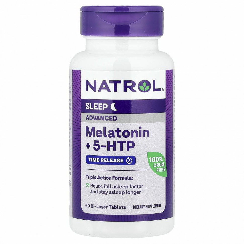Natrol, мелатонин + 5-HTP, улучшенный сон, 60 двухслойных таблеток