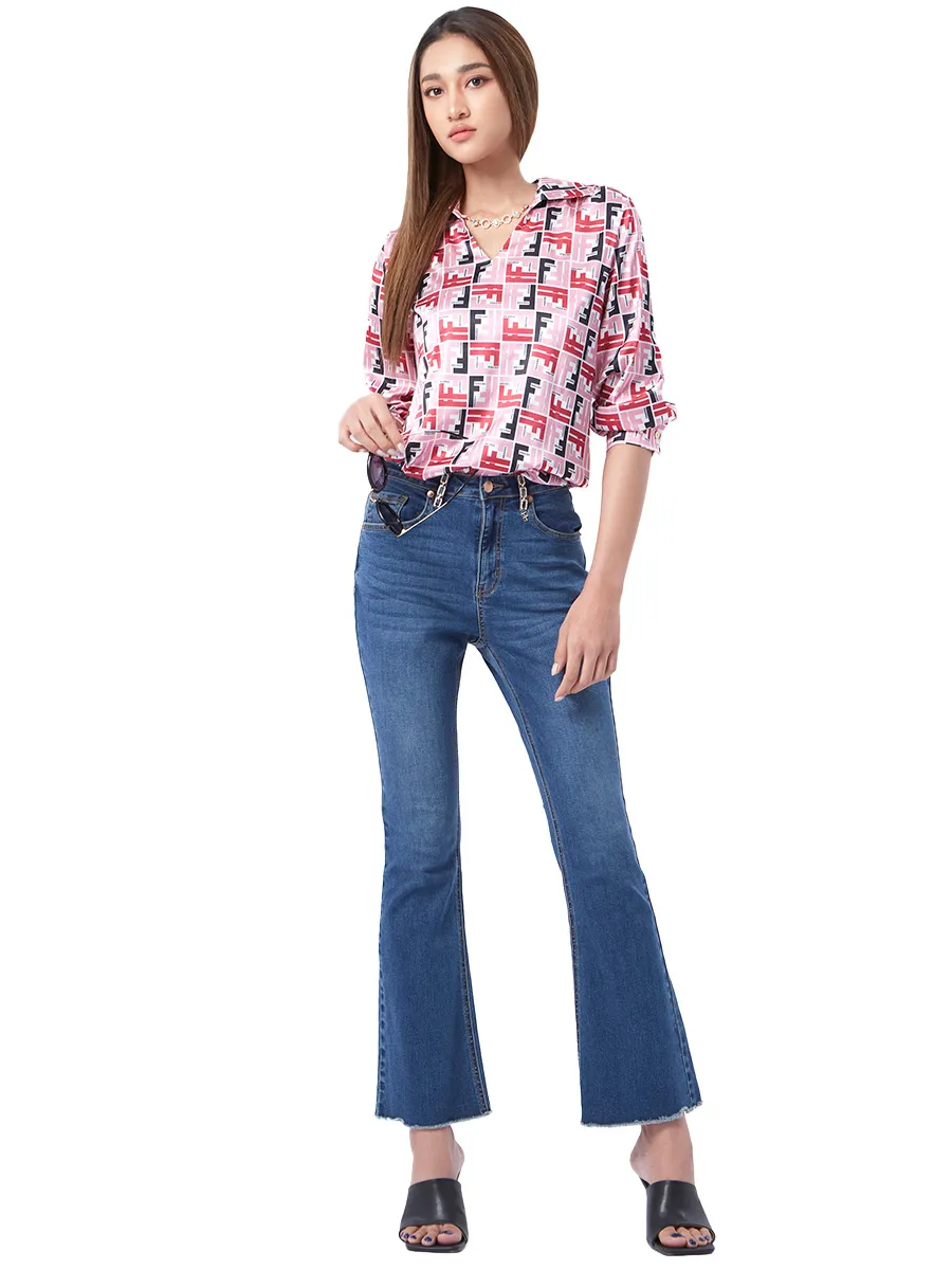 F-FASHION V-Cut Neck Satin Blouse Women MID PINK