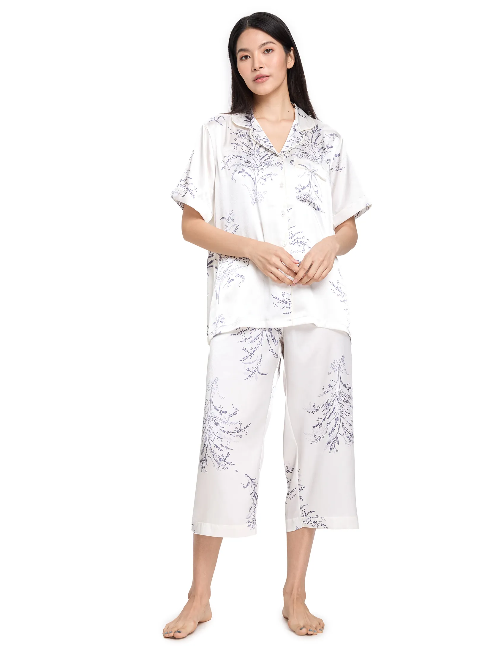 ELIZABETH Women Pyjamas Shirt Short Sleeves + Cropped Pants Print Off White Size - L