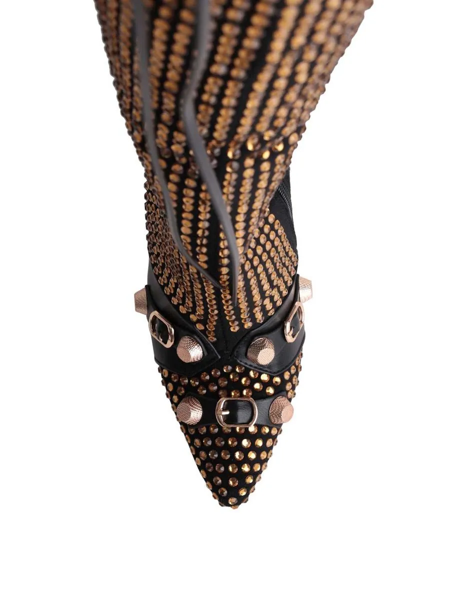 VILLAINS SF GO GO Knee High Boot BLACK GOLD JEWELS