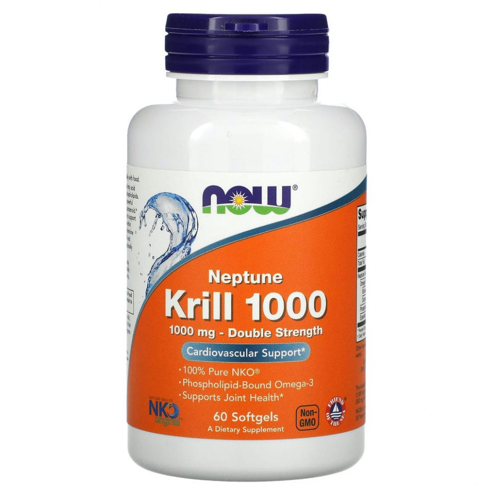 NOW Foods, Крилевый жир Neptune Krill 1000, двойная эффективность, 1000 мг, 60 мягких желатиновых капсул - NOW-01627-120 шт.