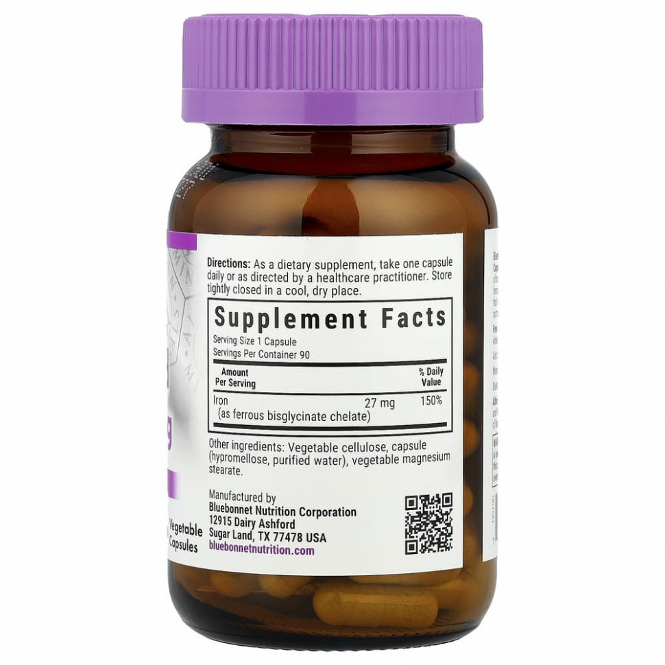Bluebonnet Nutrition, Хелатное железо усиленного действия, 27 мг, 90 растительных капсул