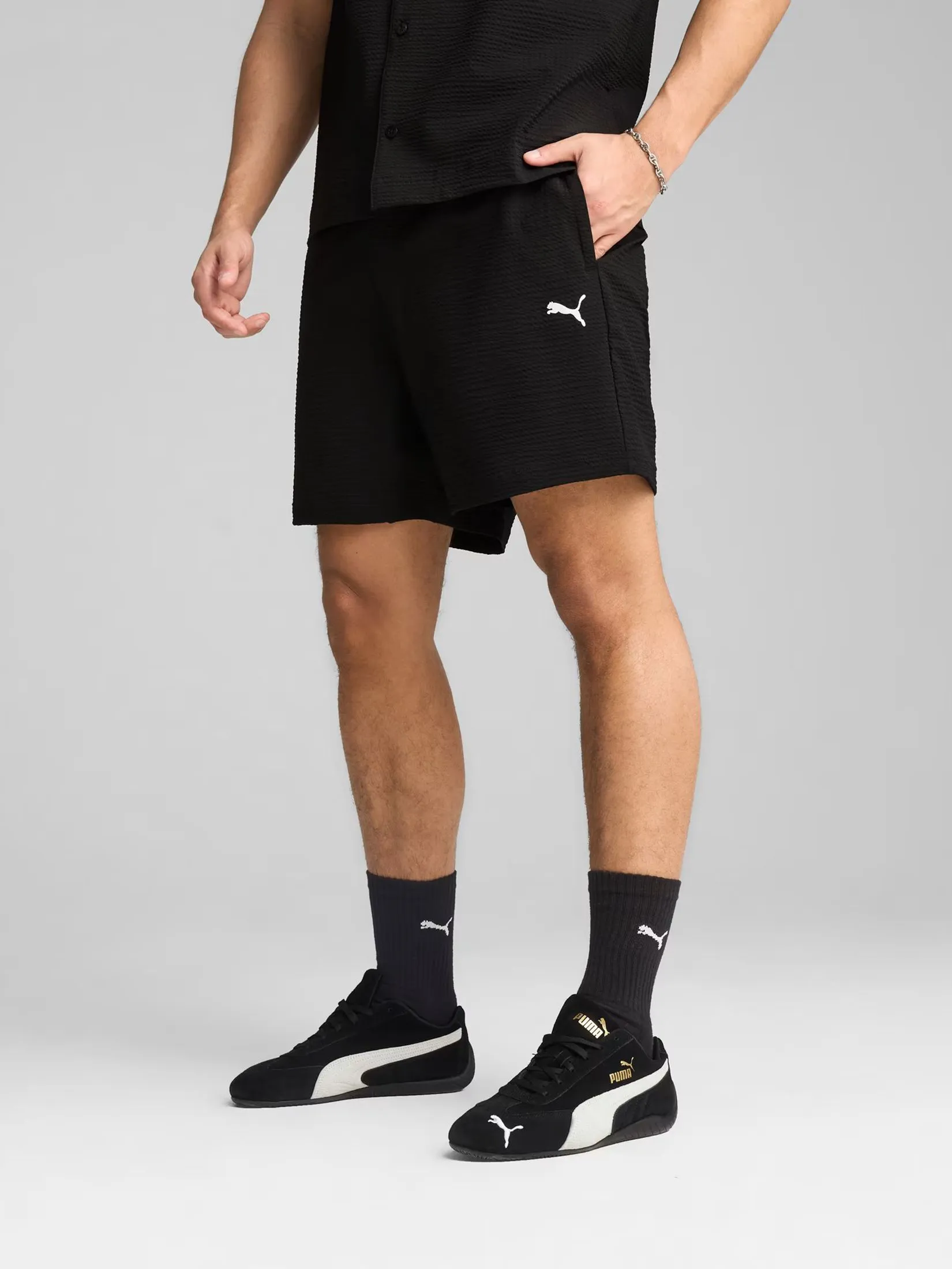 PUMA Men Shorts 6" Wardrobe Essentials Seersucker Relaxed Shorts PUMA Black