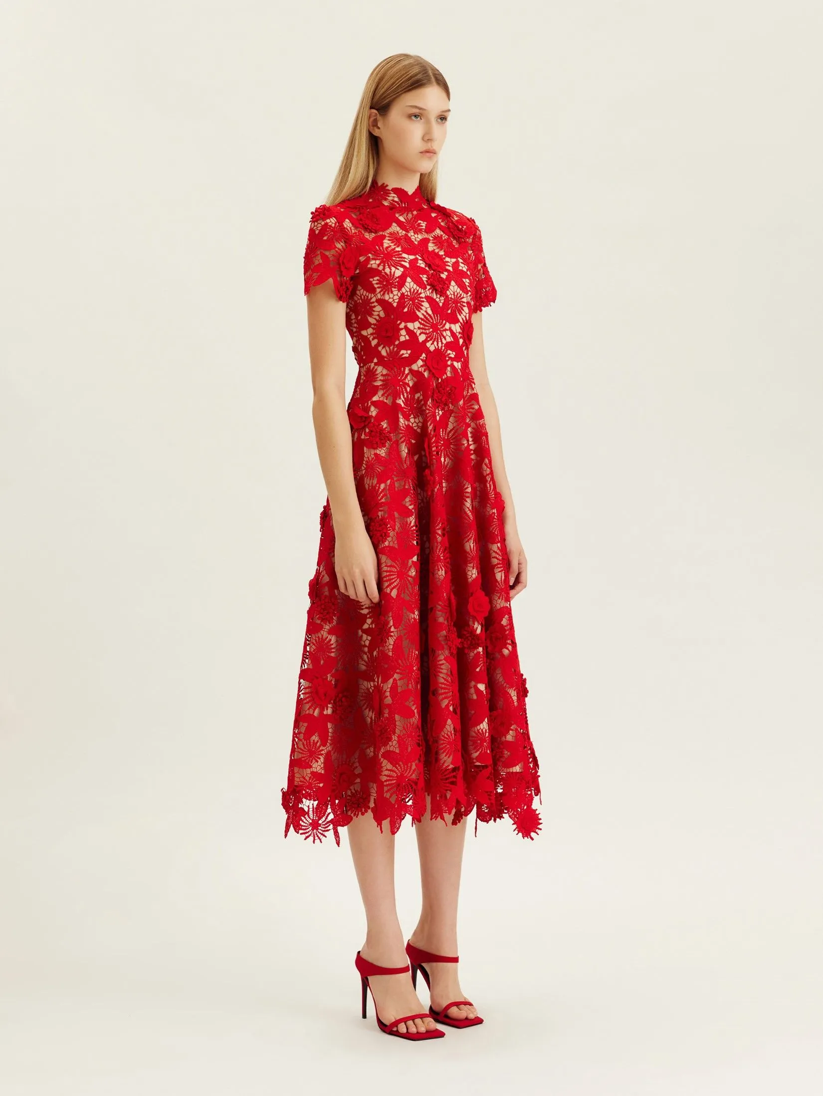 ASAVA ( AW24 )Octavia Floral-lace Fit-and-flare Women Dress Red