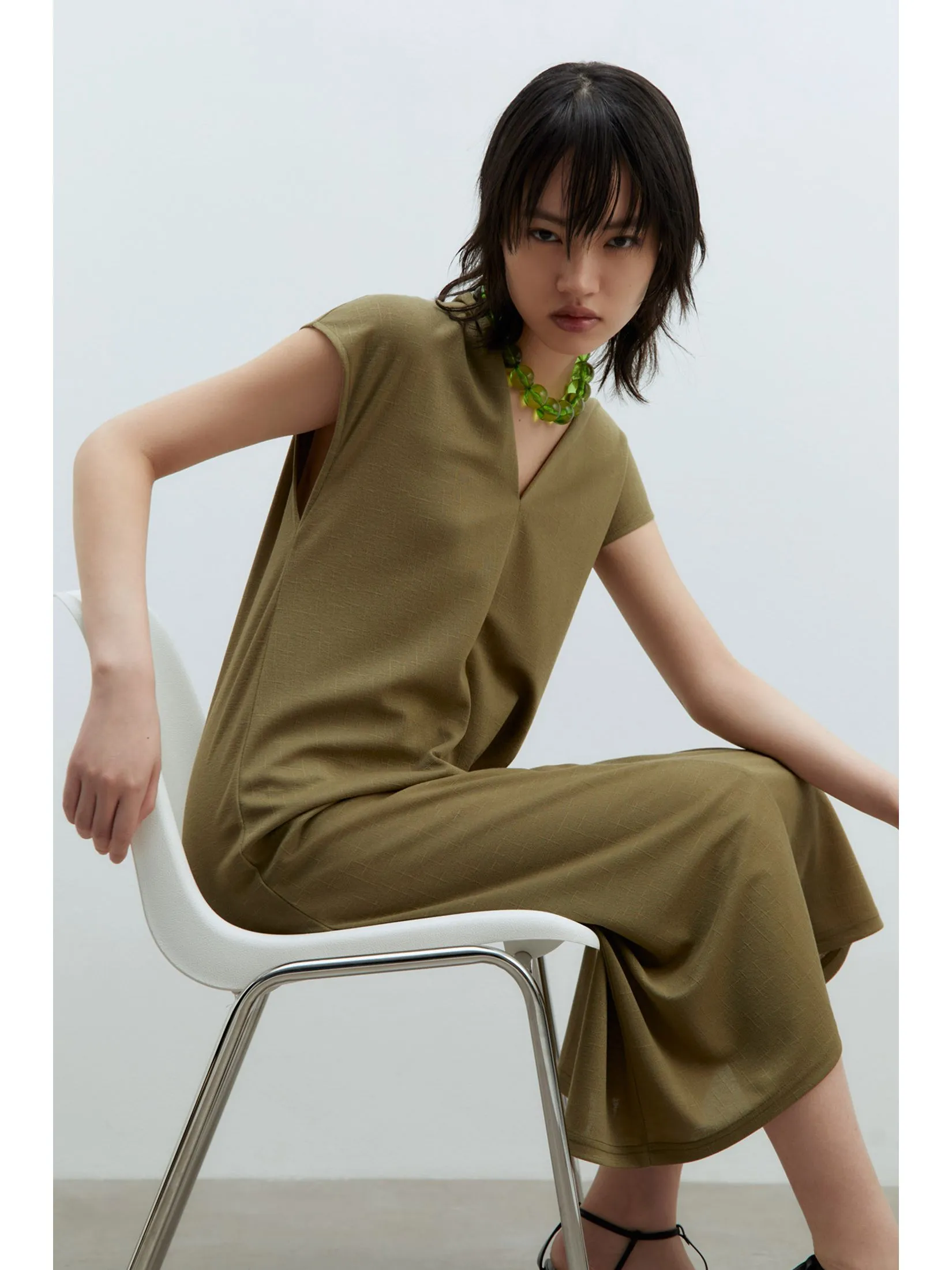 SFERA Women Midi Dress Basic Linen-Effect Khaki Green