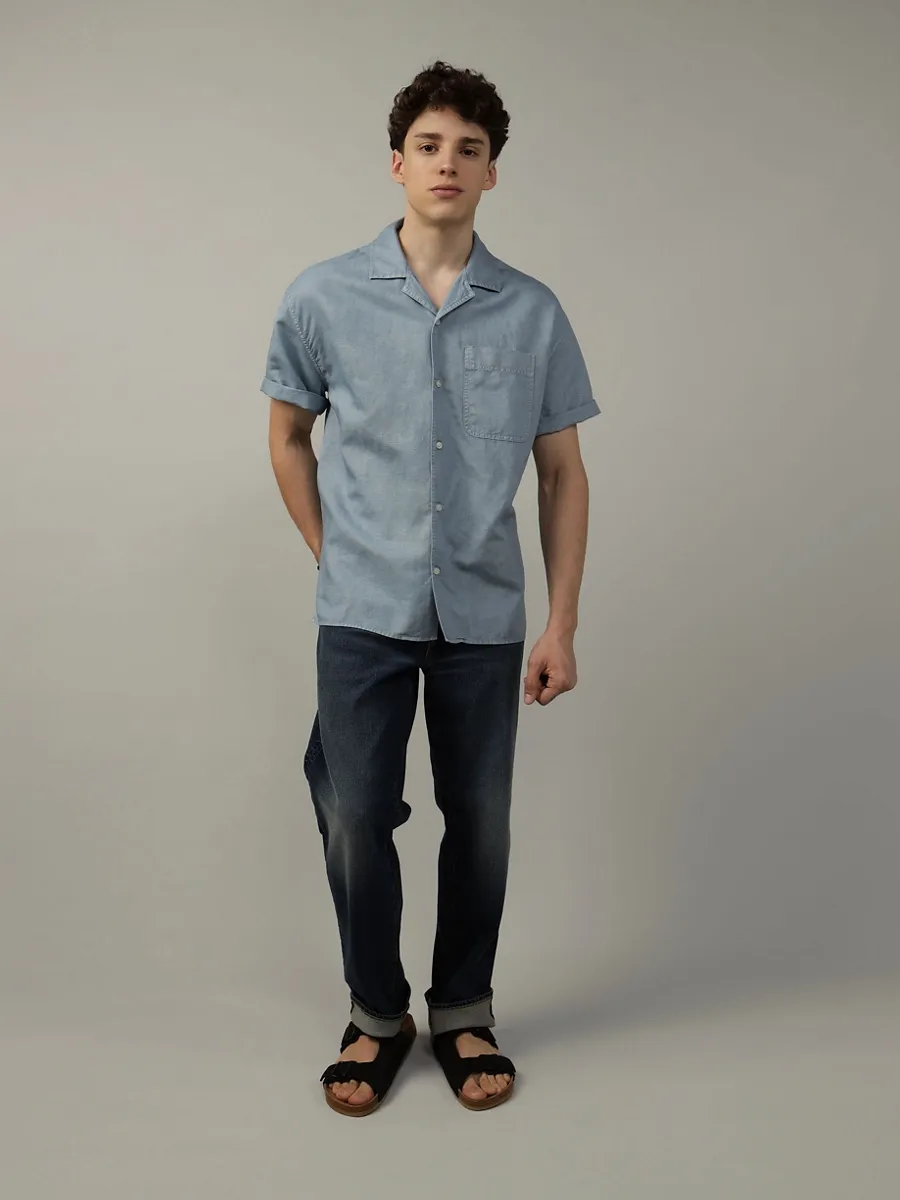 AMERICAN EAGLE MEN SS OVERSIZED CAMP COLLAR LINEN SOLIDS 401 LIGHT BLUE Size - 3XL