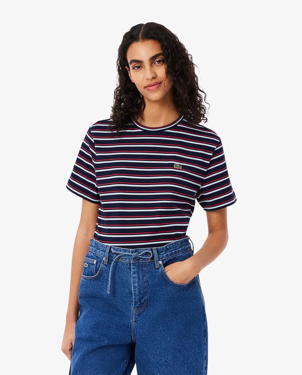 LACOSTE Striped Cotton T-Shirt Blue