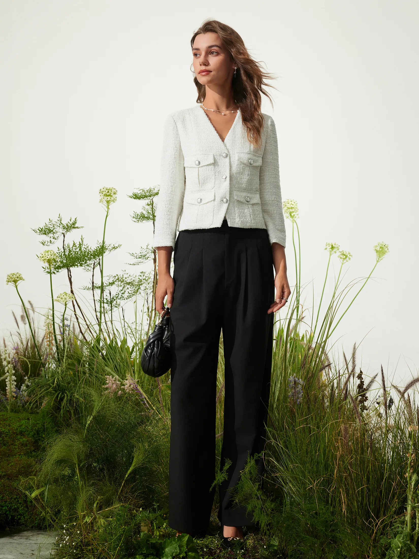 G2000 Women Clothing Tweed V-Neck Knit Jacket Regular Fit - Off-White