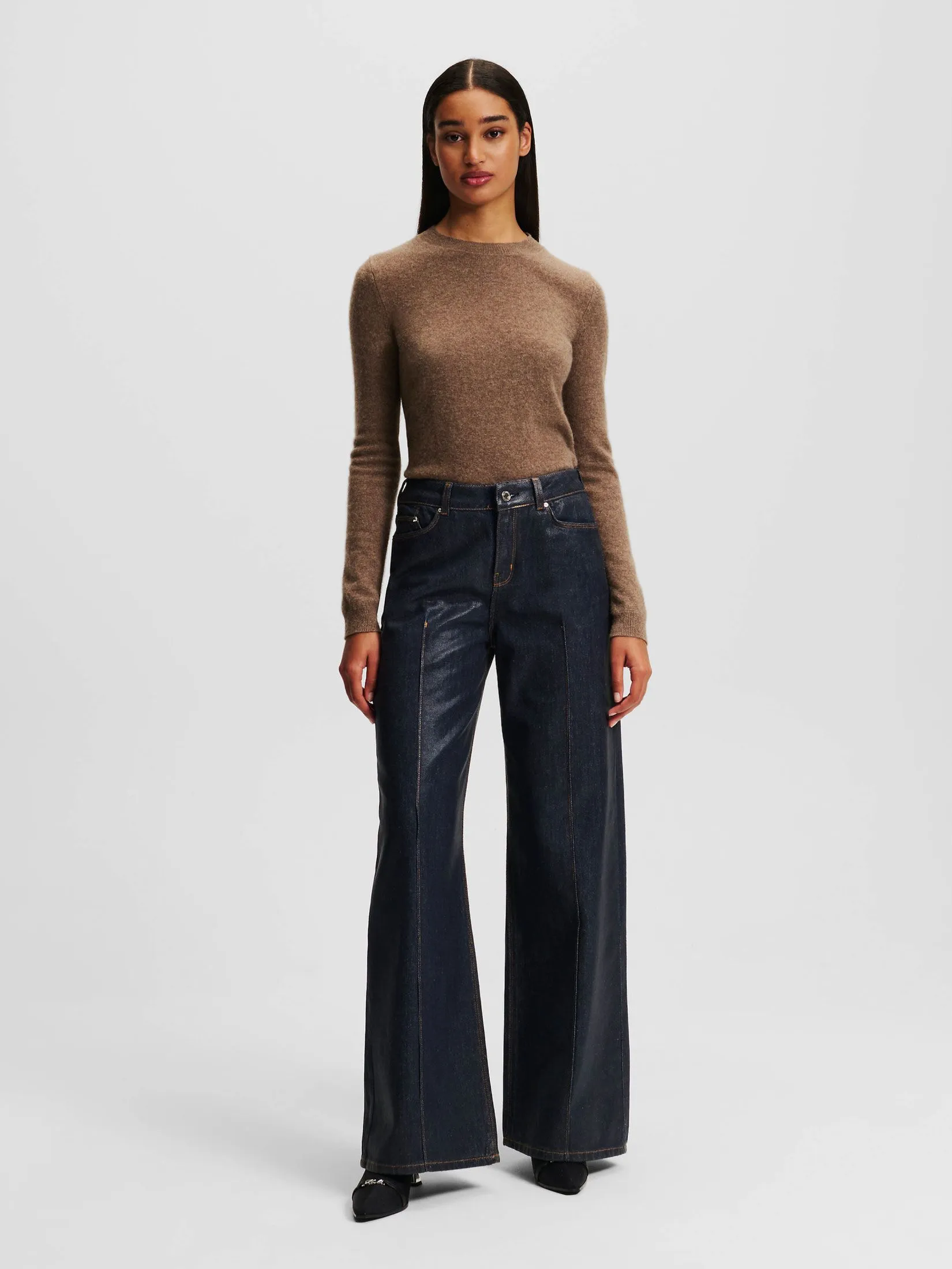 KARL LAGERFELD COATED WIDE LEG DENIM PANTS DARK BLUE DENIM