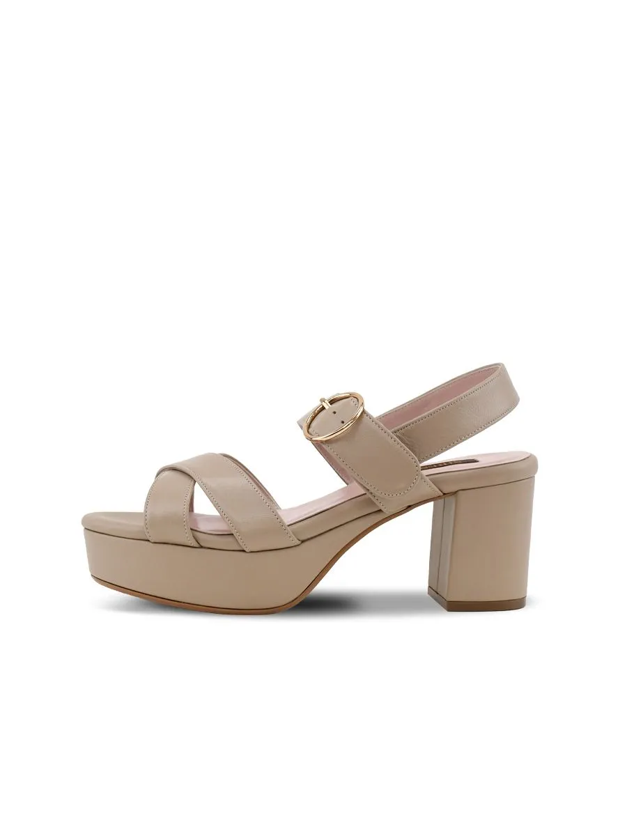 SIRENA Beige Leather Sandals Open Toe Blocked Heel 2.7 inch Anna