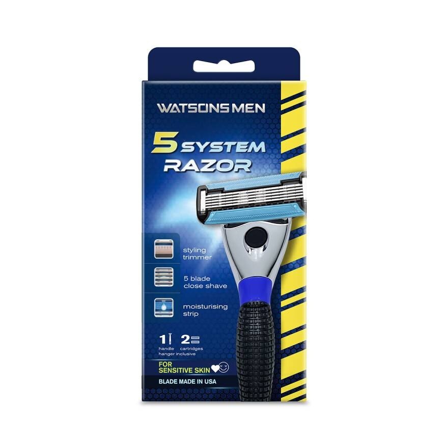 Watsons Men 5 System Razor 1 Handle  2 Cartridges.