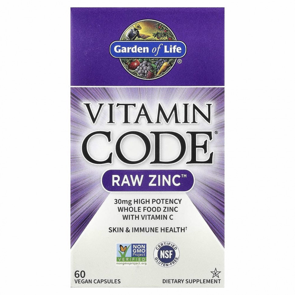 Garden of Life, Vitamin Code, RAW Zinc, 60 веганских капсул