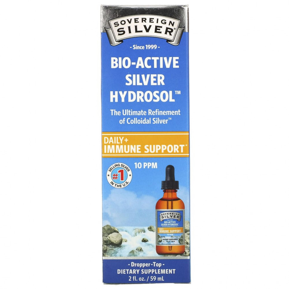 Sovereign Silver, Bio-Active Silver Hydrosol с капельным дозатором, ежедневная и иммунная поддержка, 10 ч/млн, 59 мл (2 жидких унции) - SSV-23236-114 мл