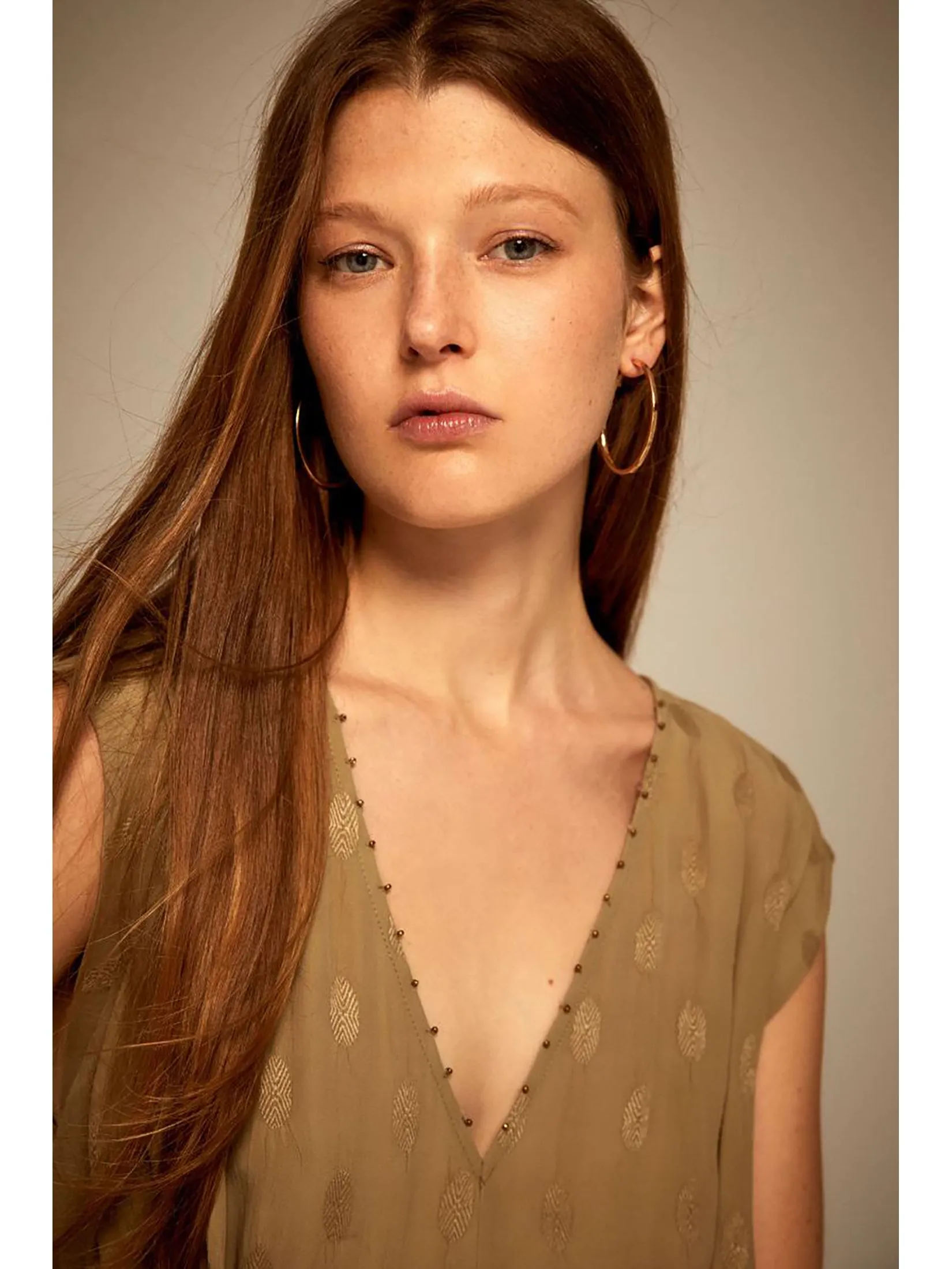 SFERA Women Dress Flowing Jacquard Khaki Green