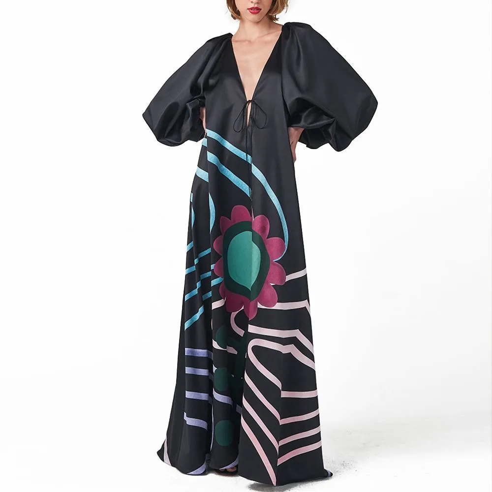 ANGELYS BALEK Black Print Deep V - Neck Women Kaftan Size - S