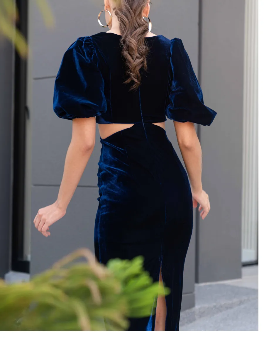 ROSE THE LABEL Navy champa velvet dress