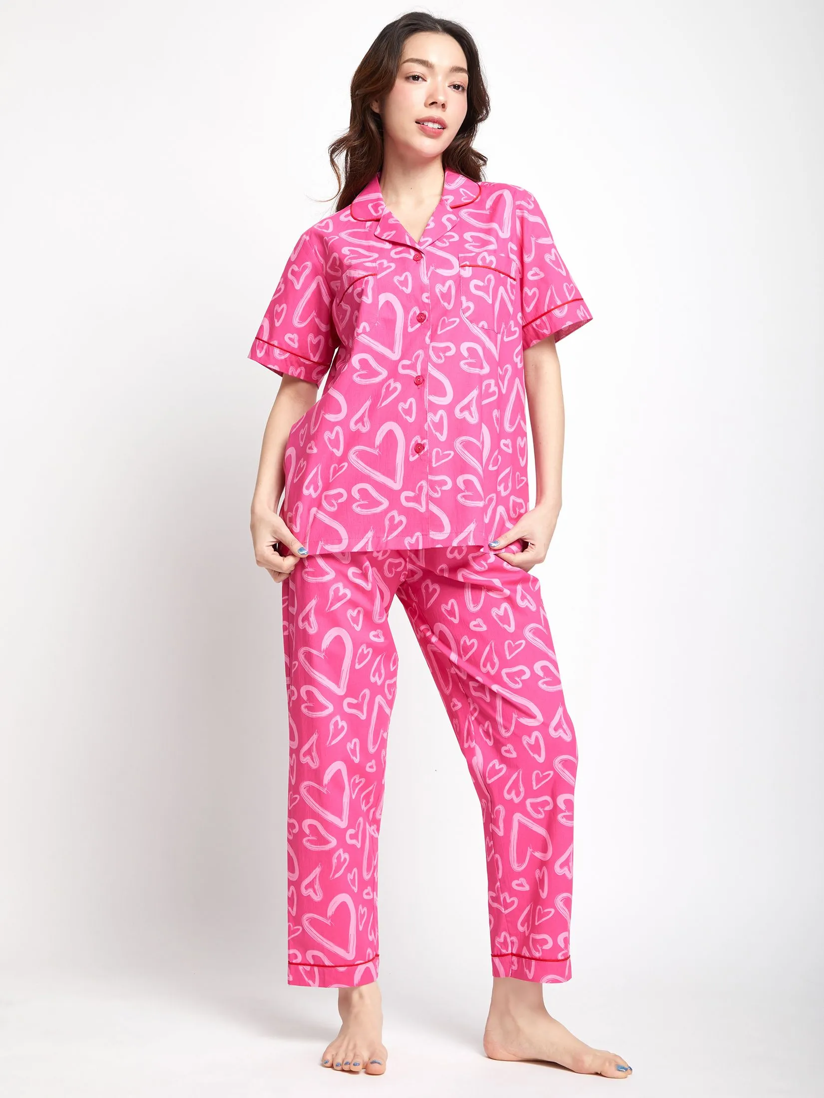 FOF Women Pyjamas Shirt Collar Neck Short Sleeves + Pants Heart Print Pink