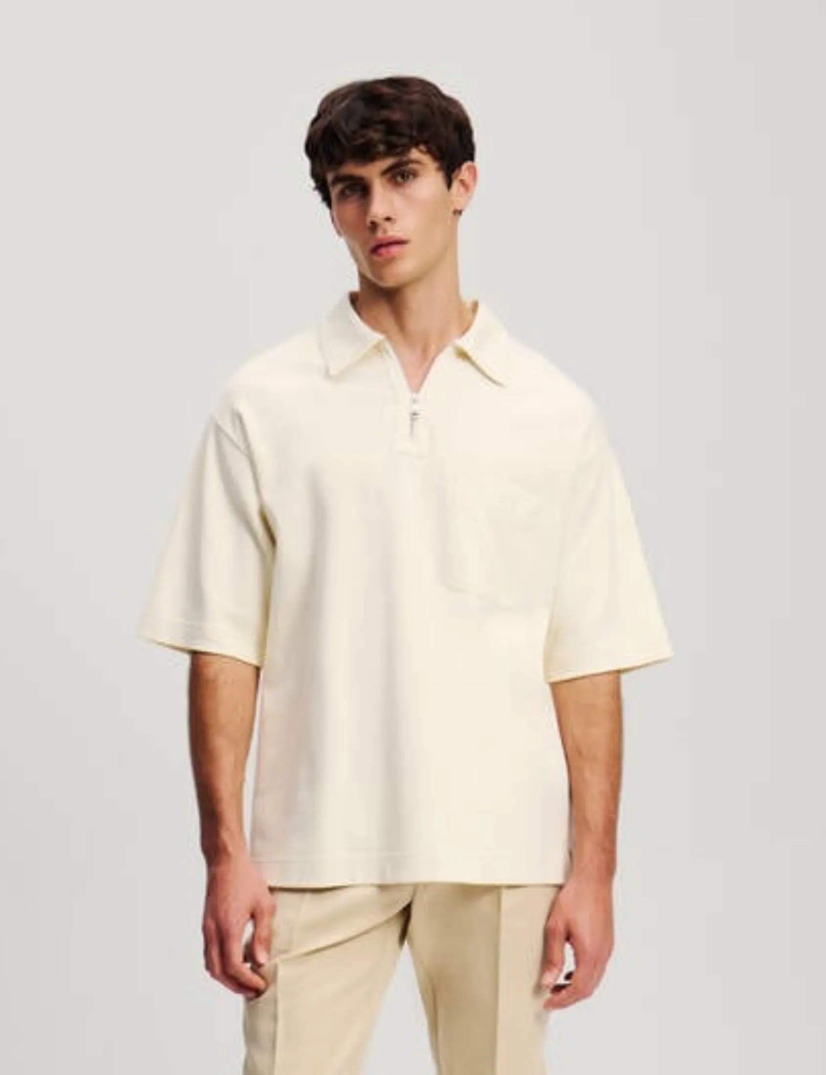 KARL LAGERFELD KL ZIP-UP MEN POLO W/ POCKET CANNOLI CREAM