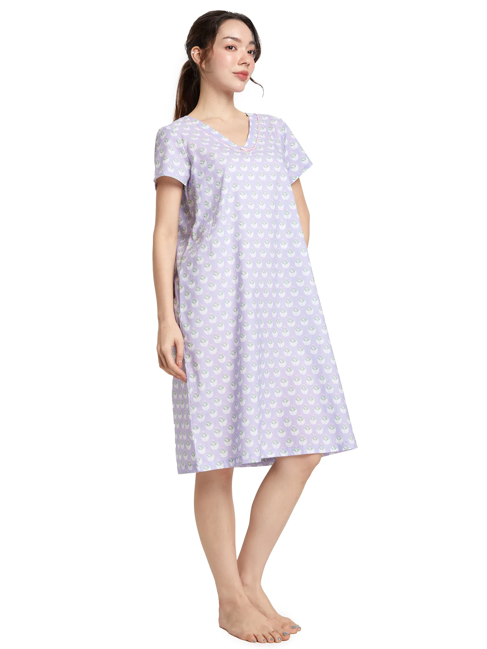 CLAUDIA'S ROMANCE Women Night Dress Short Sleeves V-Neck Purple