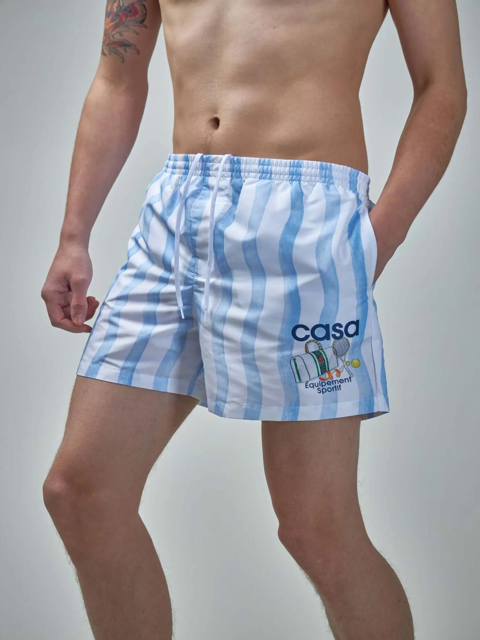 CASABLANCA MENS PRINTED SWIM SHORTS IN BLUE WAVE STRIPE