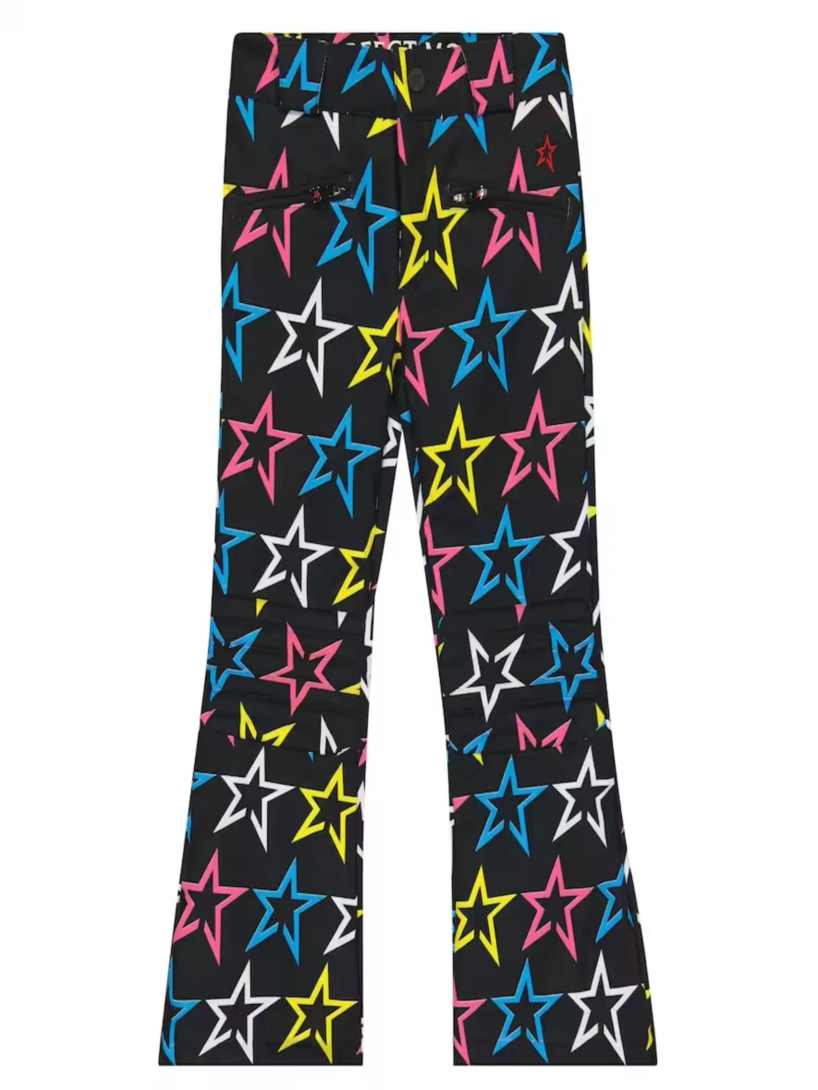 PERFECT MOMENT AURORA FLARE SKI PANT PRINT KIDS IN LOGO STAR PRINT AND BLACK/RAINBOW STAR