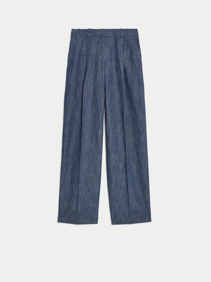 MARKS & SPENCER Women Trousers Wide Leg Pleat Front Cotton Rich Blue Mix