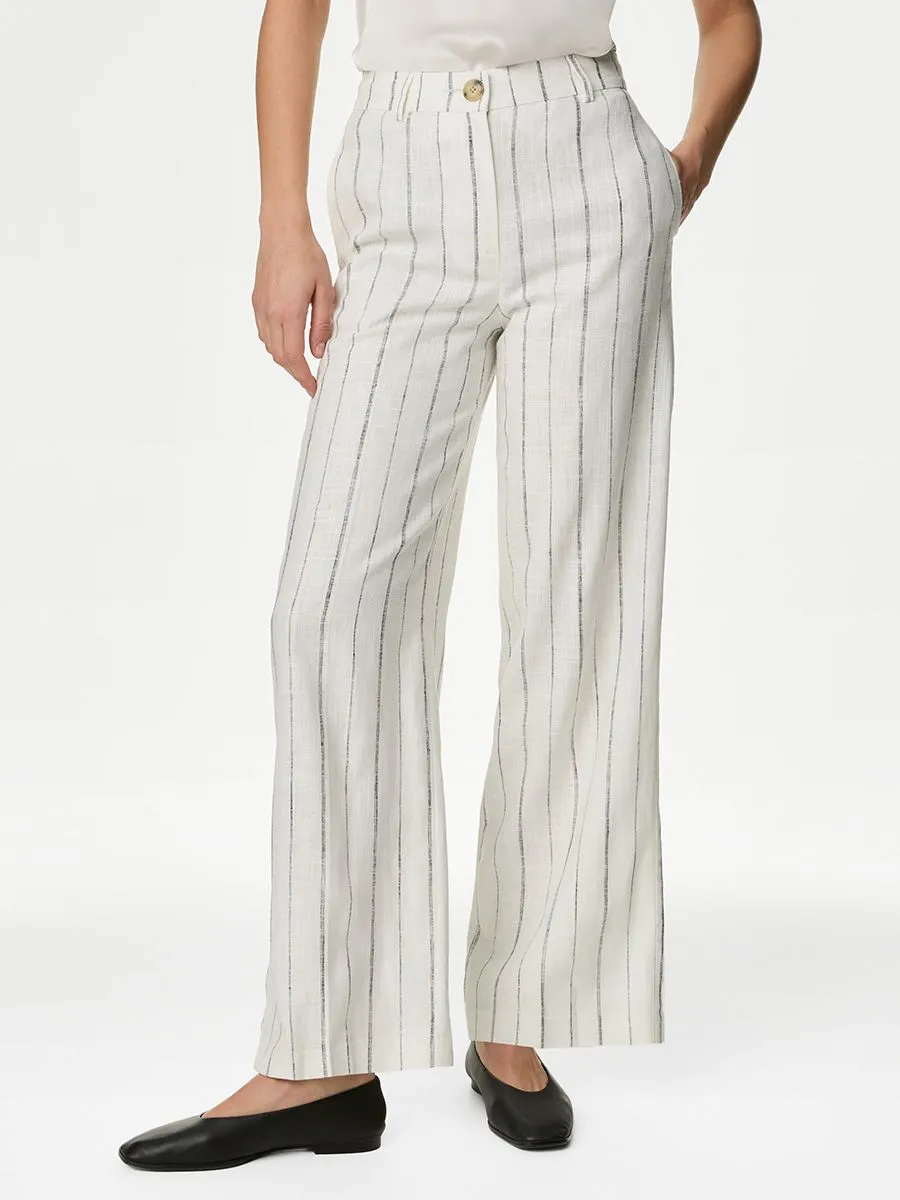 MARKS & SPENCER Women Trousers Wide Leg Linen Rich Striped Ivory Mix