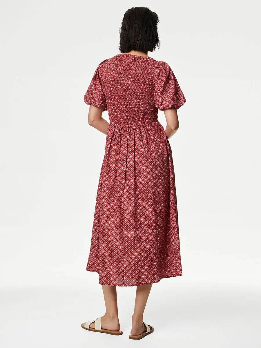 MARKS & SPENCER Women Midi Dress Square Neck Pure Cotton Printed Red Mix