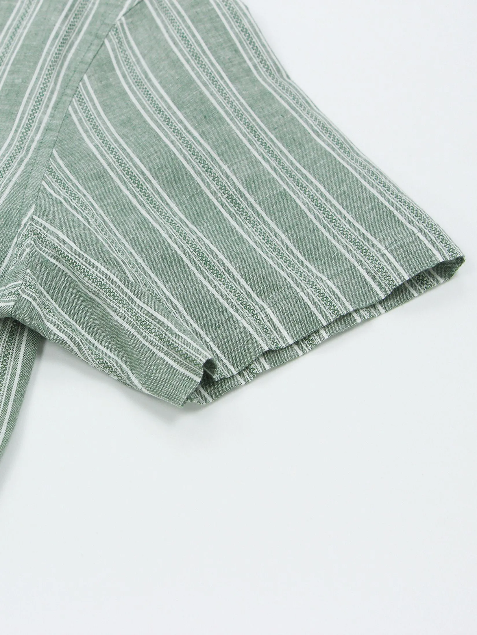 GIORDANO Men's Slim Mandarin Collar Linen Shirt Green x White Dobby