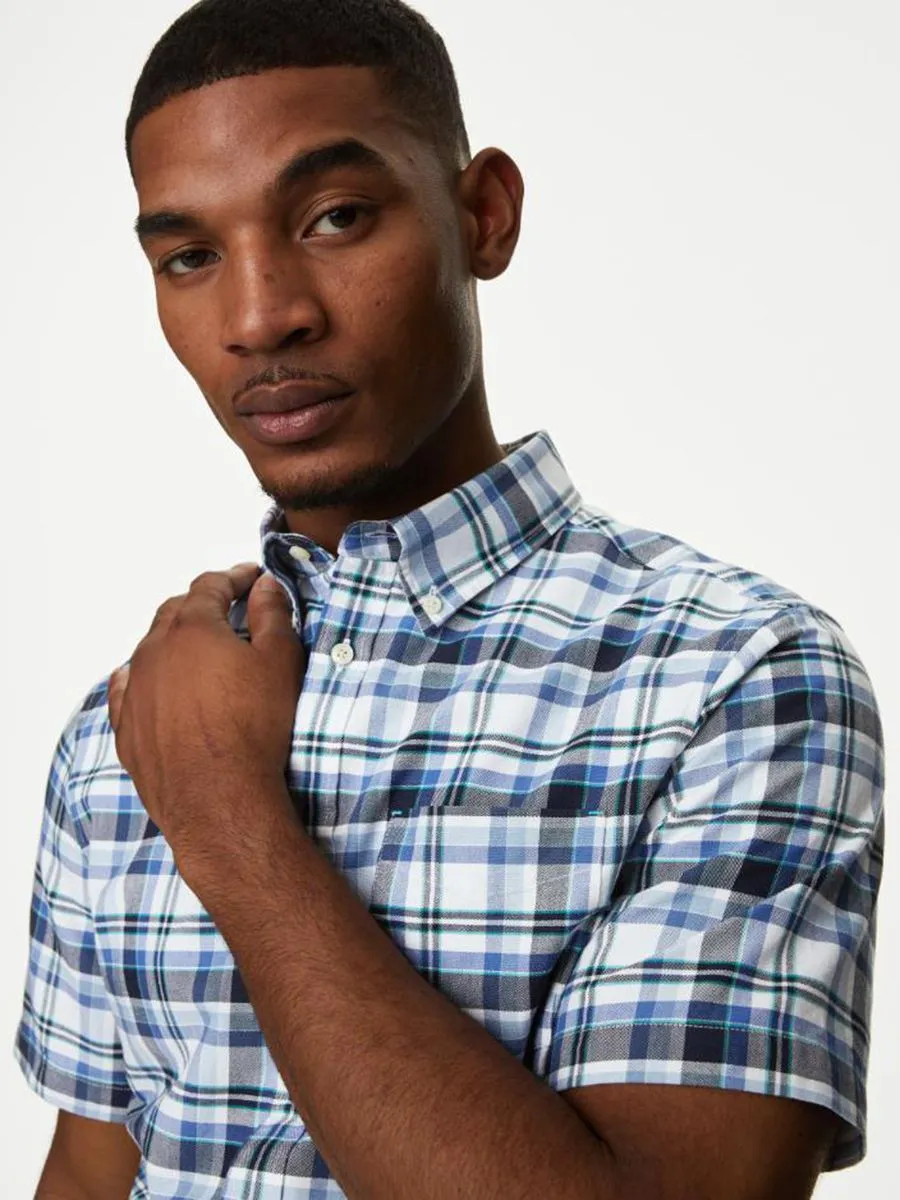 MARKS & SPENCER Men Shirt  Easy Iron Pure Cotton Check Oxford Z4_White Mix